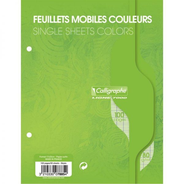 Sachet 50 feuilles mobiles perforées 17x22 cm Seyès 80g Vert – Image 1